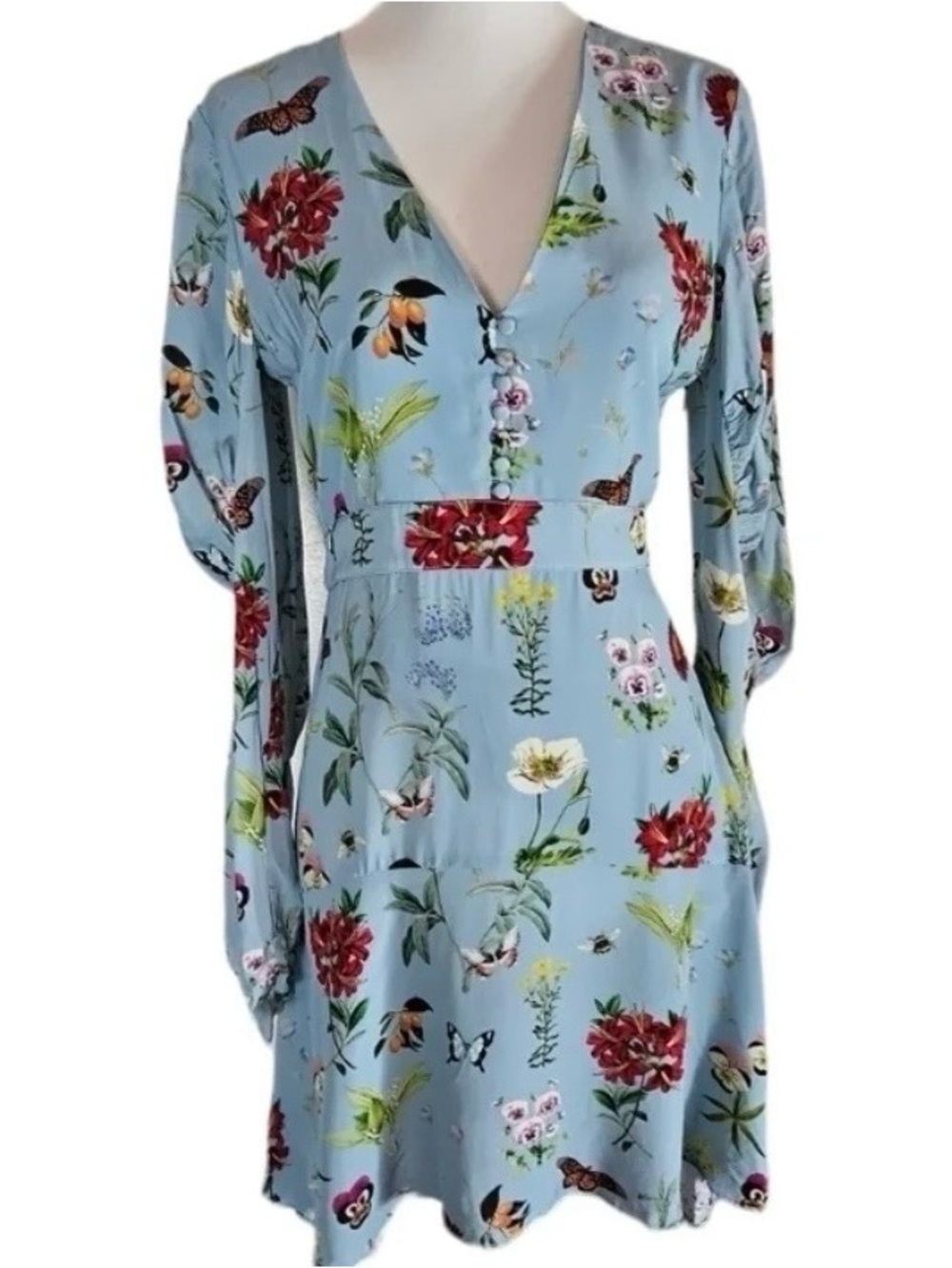 Joie Floral V-Neck Long Sleeve hi-low Dress in Light Blue, size 12, Like New